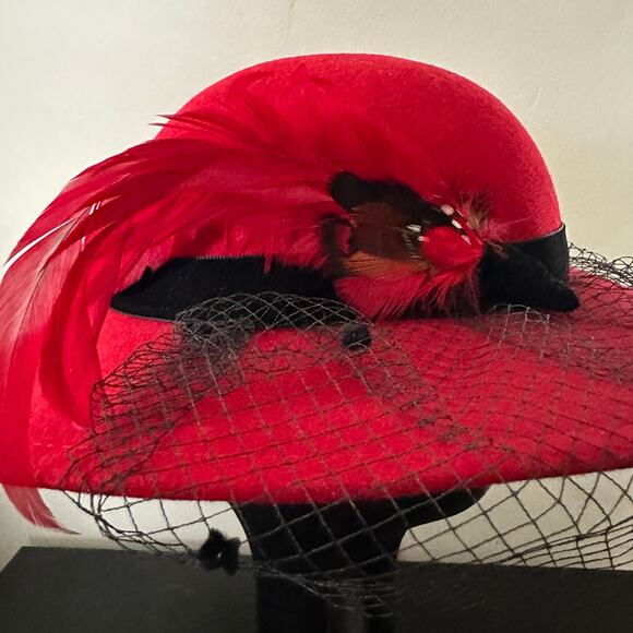 Vintage Red Wool Felt Cartwheel Hat with Feather and Dot Net Fascinator main image 6